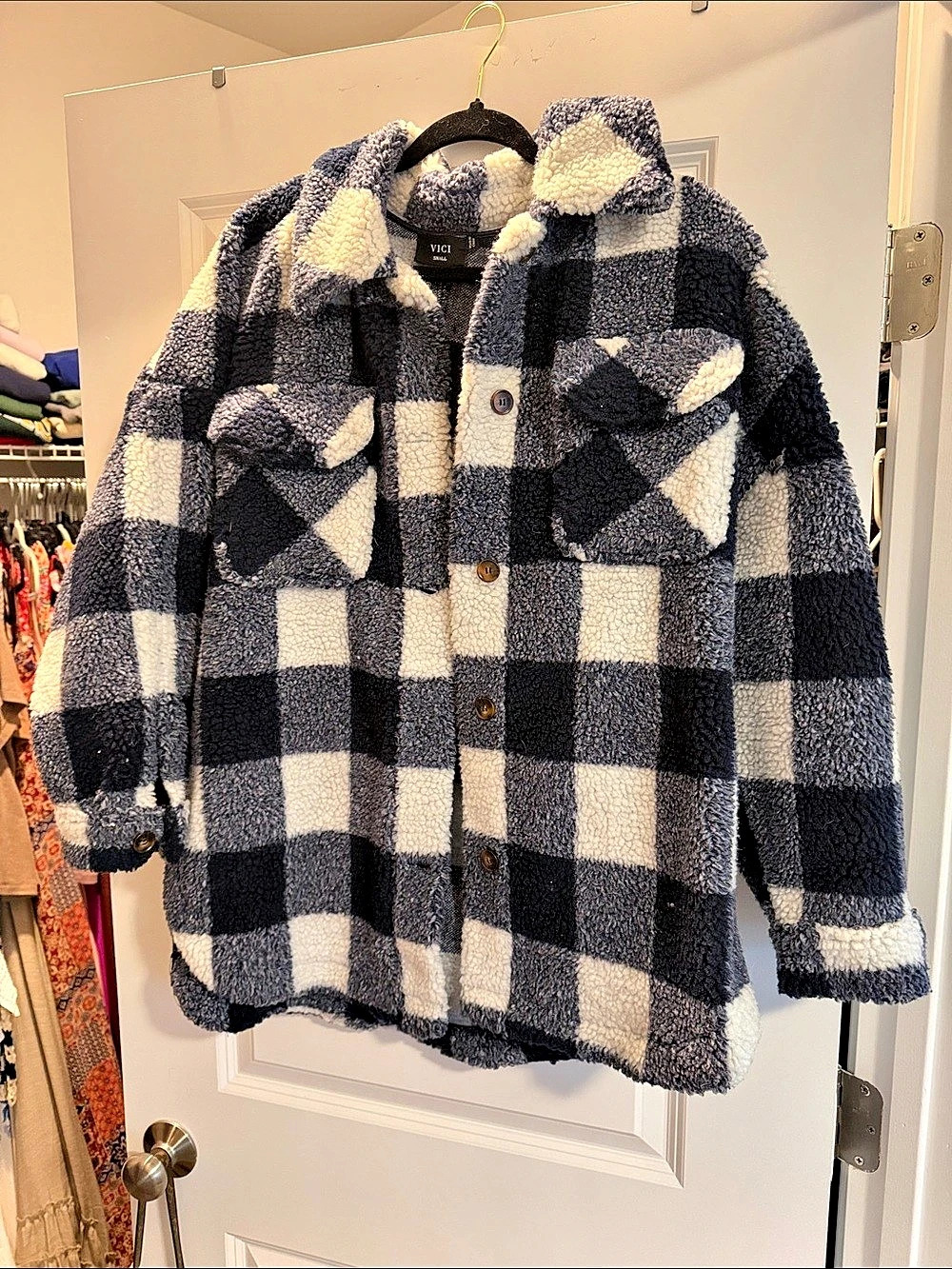 VICI Checkered Teddy Jacket in Blue & White Small